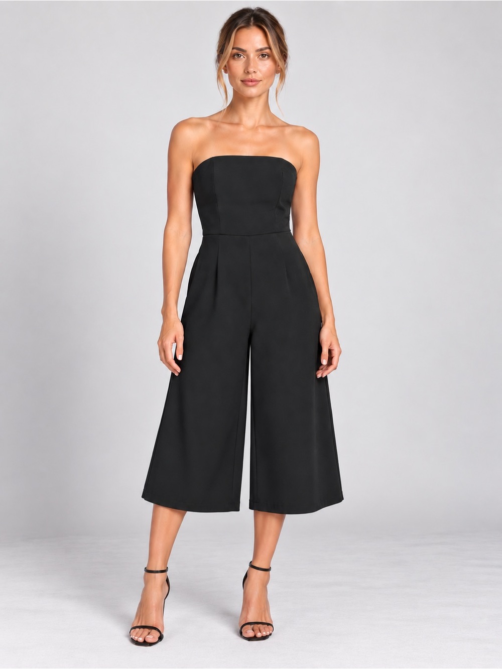Tobi Womens Medium Strapless Culotte Jumpsuit Black Cropped Wide Leg Bandeau New